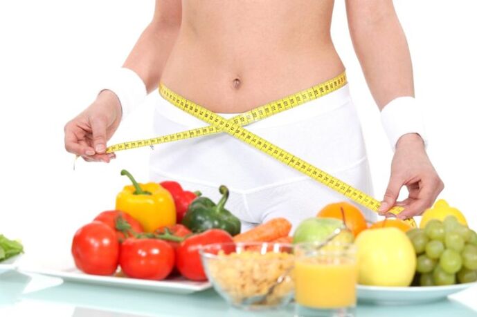 Girl measuring waist on background of groceries